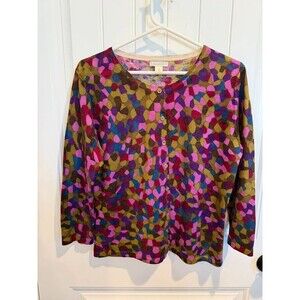 Garnet Hill Womens M 100% Merino Wool Cardigan Sweater Abstract Multicolor Print